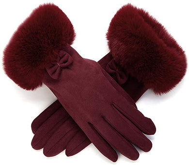 Red Wine Faux Fur Bow Tie Gloves