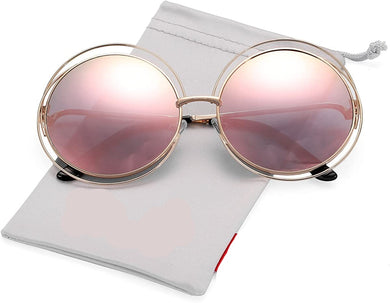 Pink Double Metal Wire Frame Oversized Round Sunglasses