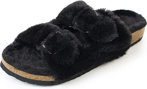 Black Faux Rabbit Fur Open Toe Slipper