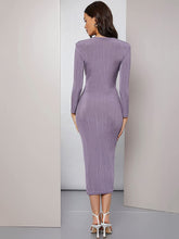 Load image into Gallery viewer, Ruched Waist Lilac Purple Long Sleeve Pencil Bodycon Dress