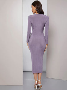 Ruched Waist Lilac Purple Long Sleeve Pencil Bodycon Dress