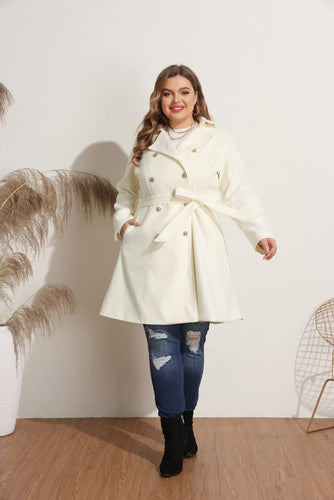 Plus Size Ivory Double Breasted Mid-Long Trench Coat