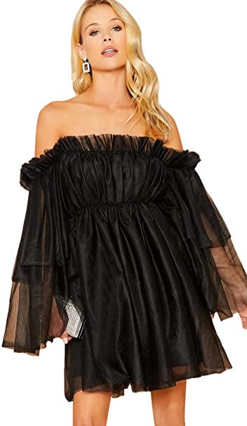 Romantic Chiffon Black Off Shoulder Tulle Dress