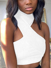 Load image into Gallery viewer, Madison White Tie Neck Halter Ribbed Knit Crop Top