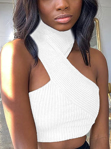 Madison White Tie Neck Halter Ribbed Knit Crop Top