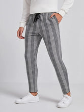 Load image into Gallery viewer, Grey Plaid Print Drawstring Waist Long Pants with Pocket