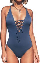 Load image into Gallery viewer, Cabana Blue One Piece Lace Up Swimsuit