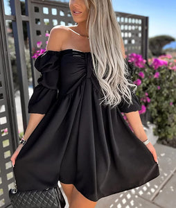 Women's Black Puff Sleeve Off Shoulder A-Line Mini Dress