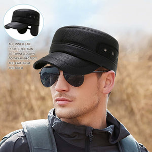 Men's Black Leather Military Cadet Peaked Cap with Earflap
