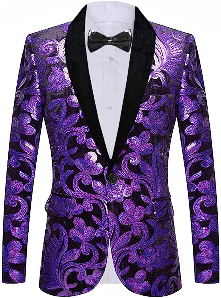 Floral Pattern Purple Sequin Men's Blazer