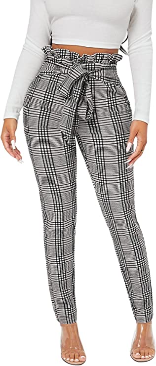 Grey plaid paperbag pants clearance