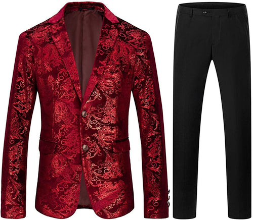 Red & Black Single Breasted 2pc Men's Floral Suit