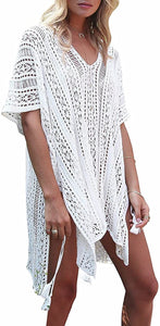 Crochet White V-Neck Swimwear Beach Cover Up