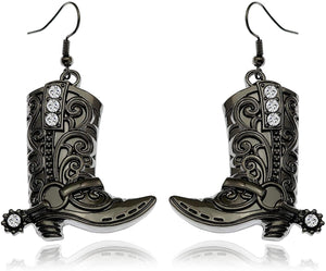 Western Black Dangle Drop Texas Boots Earrings