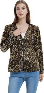 Gold Shiny Open Front Long Sleeve Women's Sequins Blazer