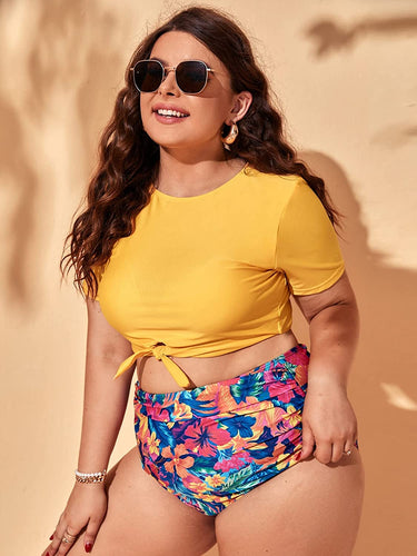 Floral Print  Yellow High Waisted Crop Top Plus Size Swimsuit