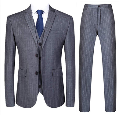 Men's Grey Striped 3pc Long Sleeve Blazer & Pants Dress Suit