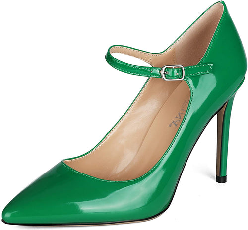 Pointy Toe Patent Green Print Ankle Strap Stiletto Shoes