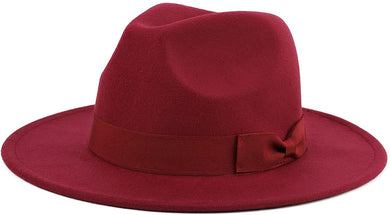 Men's Classic Wide Brim Bowknot Wine Red Fedora Hat