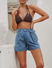 Load image into Gallery viewer, Casual High Waisted Dark Blue Wide Leg Denim Shorts