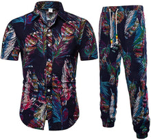 Load image into Gallery viewer, Men&#39;s Navy Feather Short Sleeve 2 Pieces Hawaiian Tracksuits