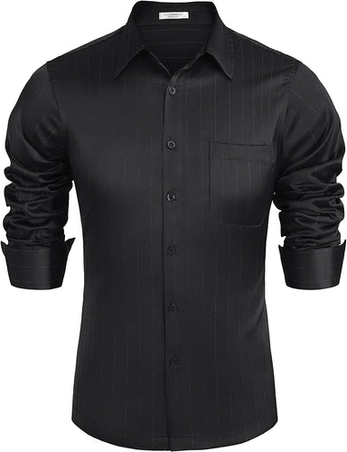 Men's Luxury Black Satin Shiny Button Up Dress Shirt