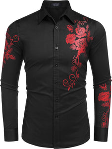 Men's Black Rose Print Button Down Long Sleeve Shirt