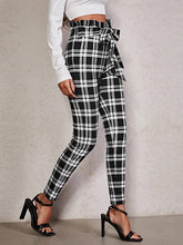 Load image into Gallery viewer, High Waist Ruffled Belted Black &amp; White Plaid Paper Bag Pants