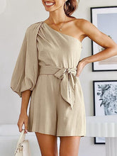 Load image into Gallery viewer, Belted Green One Shoulder 3/4 Puff Sleeve Shorts Romper