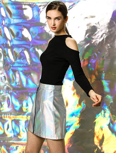 Metallic Silver Shiny Holographic High Waist Mini Skirt