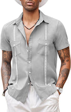 Load image into Gallery viewer, Men&#39;s Grey Button Front Cuban Linen Short Sleeve Shirt