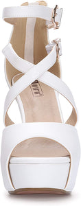 Nurtured White Pu Crisscross Strappy Chunky Heel Sandals
