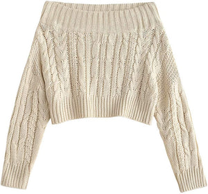 Chunky Cable Knit Beige Off Shoulder Pullover Sweater