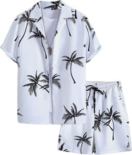 Load image into Gallery viewer, Men&#39;s White Palm Tree Print Drawstring Casual Short Sleeve Shorts Set