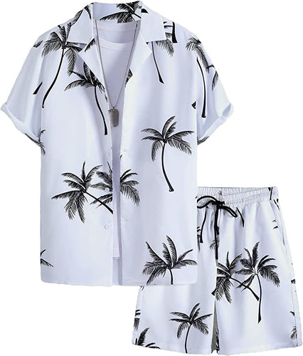 Men's White Palm Tree Print Drawstring Casual Short Sleeve Shorts Set