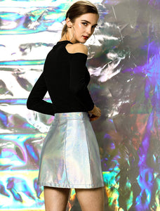 Metallic Silver Shiny Holographic High Waist Mini Skirt