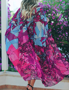 Open Front Pink Rose Kimono Cardigans Swimsuit Cover Up