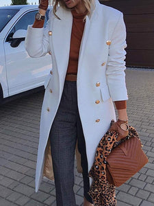 Elegant Notched Collar White Wool Blend Pea Coat Jacket