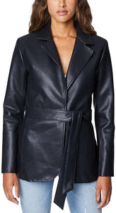 Stylish Black Lambskin Leather Belted Long Sleeve Jacket