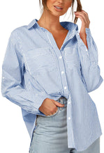 Load image into Gallery viewer, Striped Blue Button Down Long Sleeve Blouse