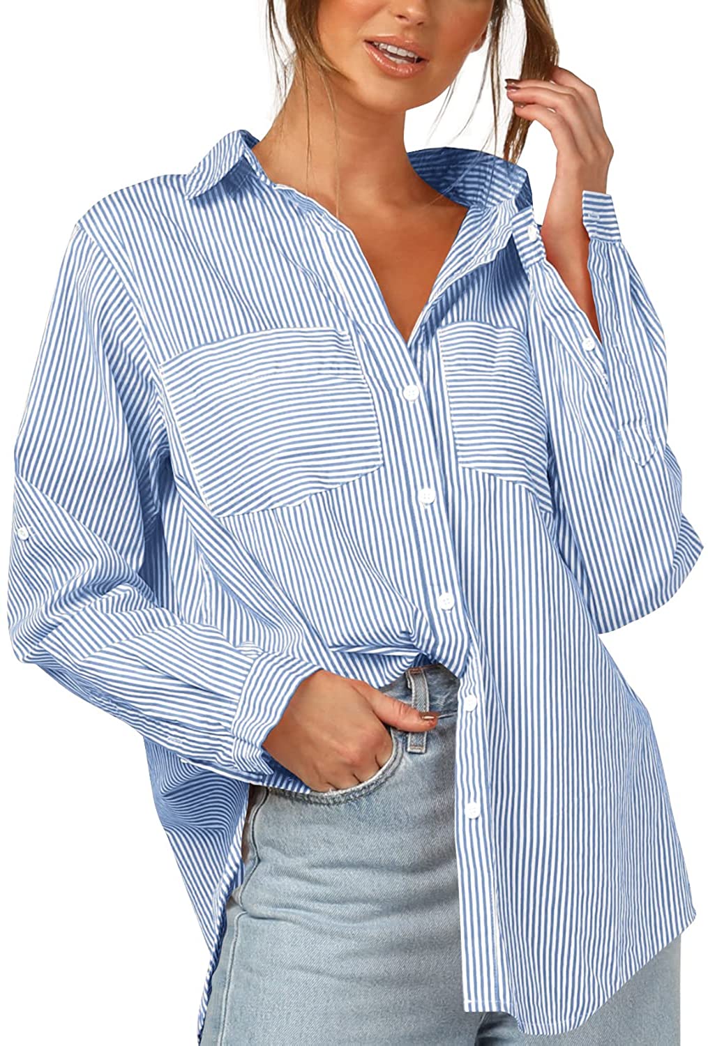 Striped Blue Button Down Long Sleeve Blouse