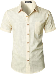 Men's Yellow Linen Button Up Short Sleeve Shirt