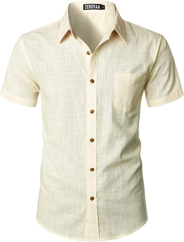 Men's Beige Linen Button Up Short Sleeve Shirt