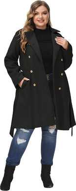 Plus Size Black Double Breasted Mid-Long Trench Coat