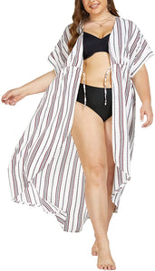 Kimono White Stripe Tie Front Plus Size Long Coverups