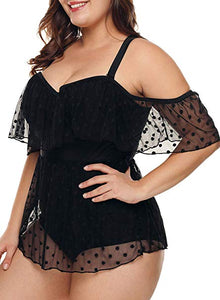 Plus Size Black Mesh Dotted Sweetheart One Piece Swimsuit