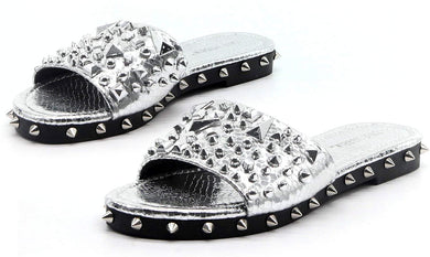 Spike Studded Silver Slip On Mules Tonie Slide Sandals