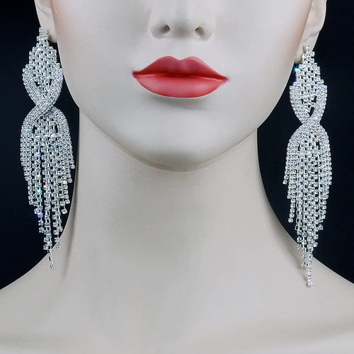 Sparkling Rhinestone Tassel Silver Crystal Dangle Earrings