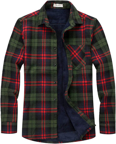 Fleece Lined Green Plaid Men's Casual Long Sleeve Shirt