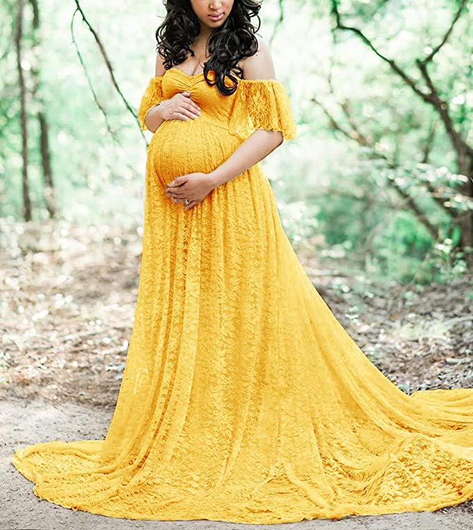 Sweetheart Yellow Lace Off Shoulder Maternity Maxi Dress